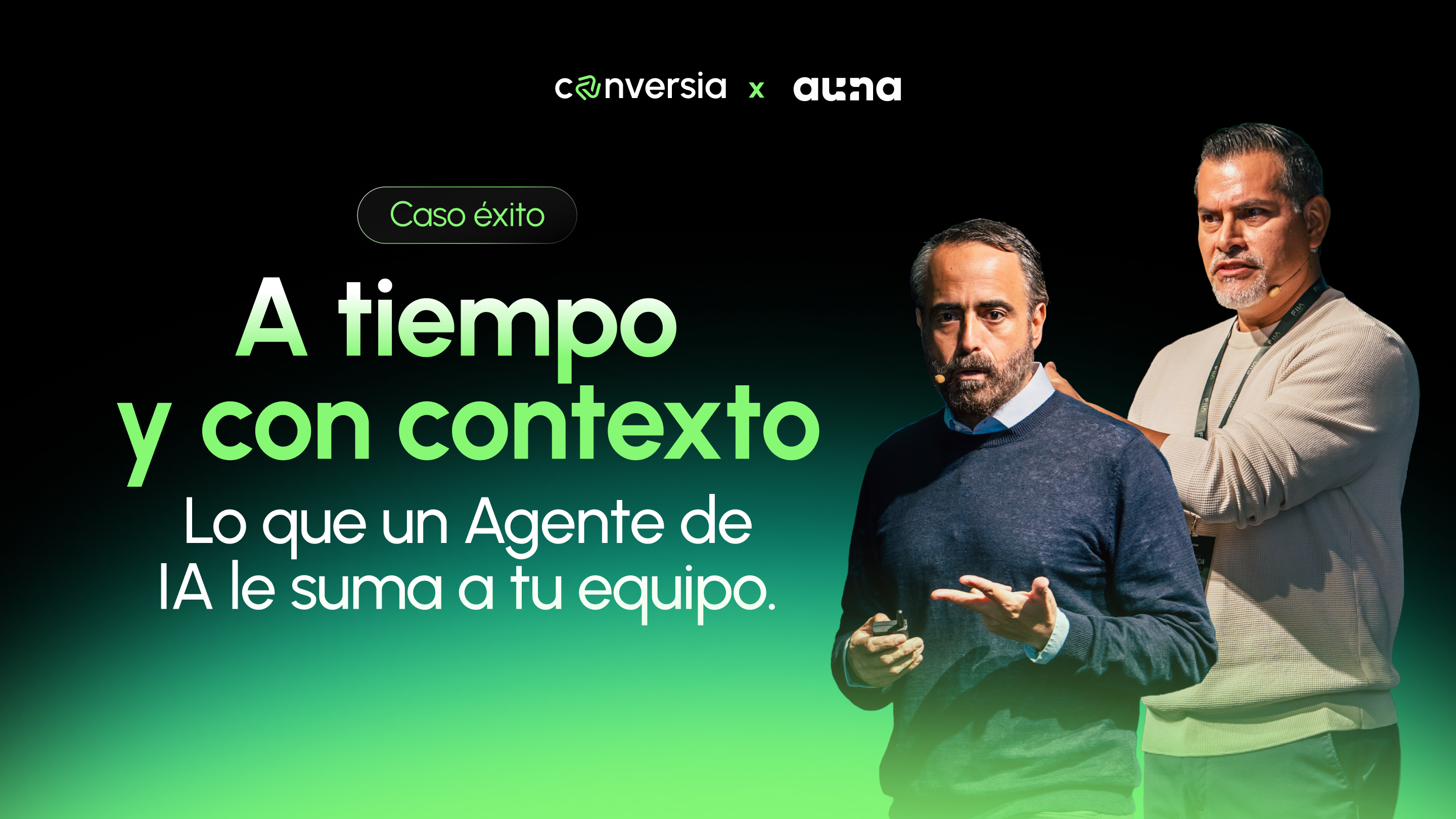 Guillermo Lecaros, de Auna, y Eduardo Eneque, de Conversia, en la FIIA, contando el caso del agente de IA que vende planes de salud por WhatsApp